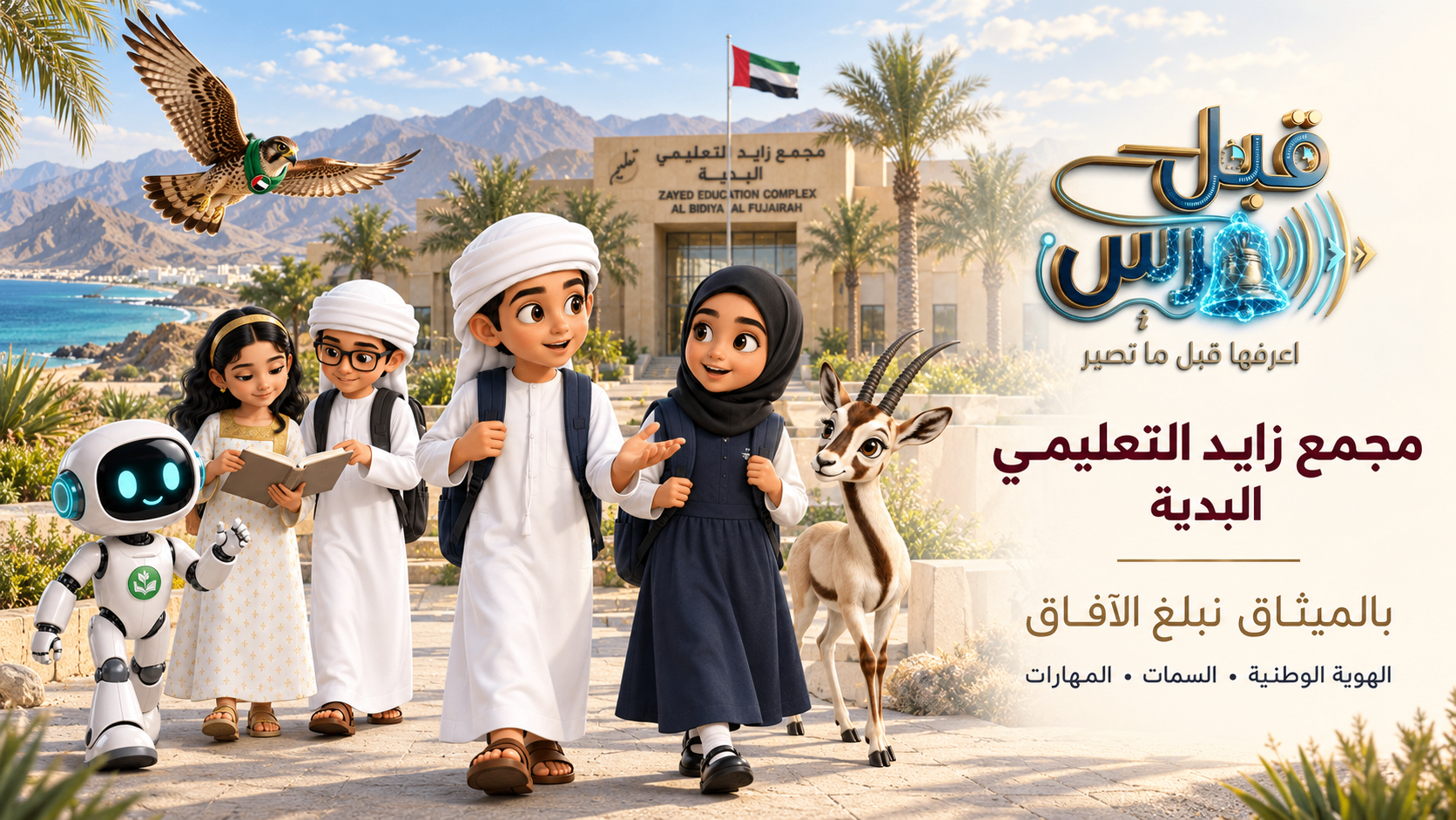 مجمع زايد التعليمي البدية بالفجيرة مع شخصيات الميثاق: الطالب والطالبة والصقر والغزال أمام مبنى المجمع